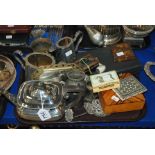 A tray lot of EP and miscellania - teapot, boxes, clay pipe etc Provenance - The Estate of the