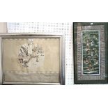 A Japanese woven panel of warriors together with and embroidered panel Condition Report: Available