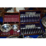 A lot comprising a cased part silver plate dessert cutlery set, two Dishes, fish cutlery set, tray