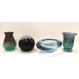 A Holmegaard pale blue glass dish, a paperweight, a small Scottish glass vase and another
