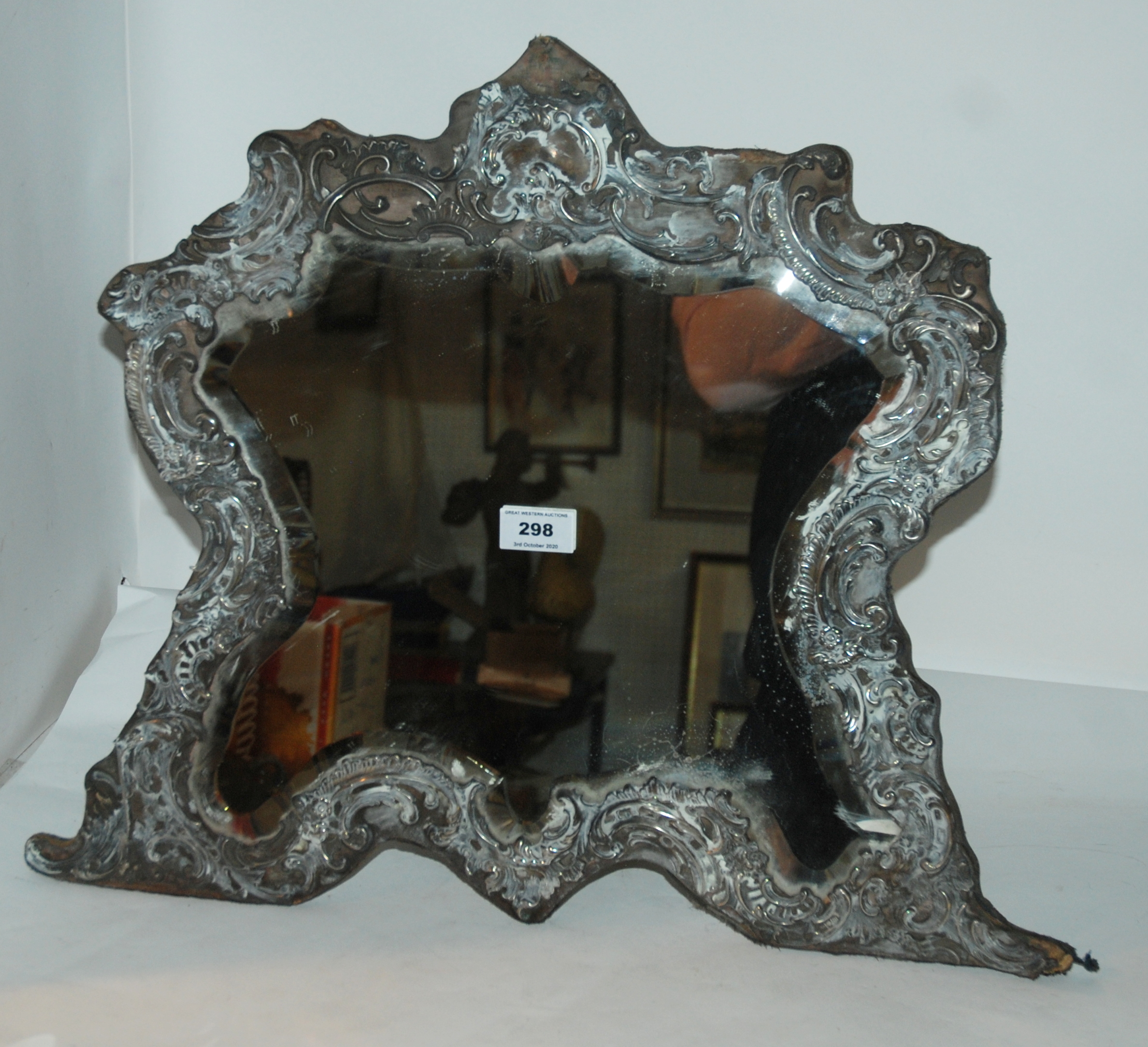 An Edwardian silver mounted easel mirror, London 1907 (very dirty with some losses), 47cm x 55cm