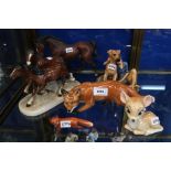 A Wade Blowup Bambi, Sylvac fox, Beswick fox and horse, Royal Doulton group Buddies and another