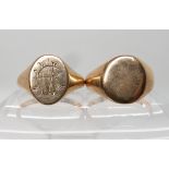 A 9ct gold monogrammed signet ring size O, together with another example size P1/2, combined