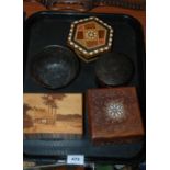 Three decorative boxes and two tortoiseshell dishes Condition Report: Available upon request