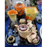 A Crown Devon Art Deco coffee set, Art Deco style glass scent bottles and painted pottery