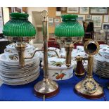 A Thomas Alva Edison commemorative brass twin light desk lamp with opaque green glass shades, and