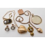 A collection of 9ct gold and yellow metal items to include a pair of Ciro clear gem and pearl