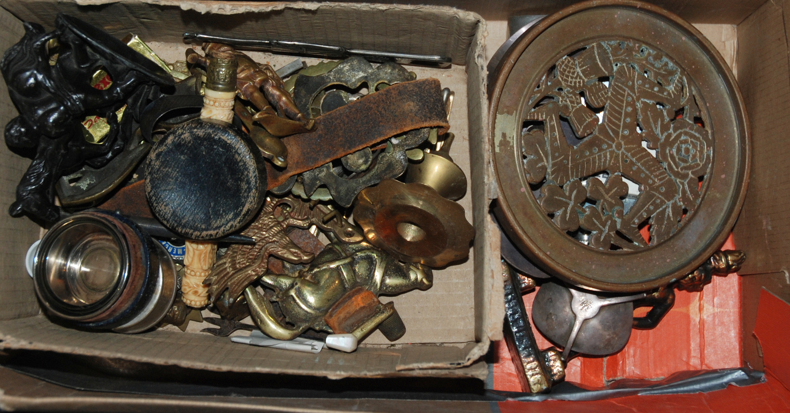 A box of miscellaneous including two pairs of Danish white-metal Cohr candlesticks , brass ware - Image 3 of 3