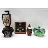 Five framed Satsuma buttons, a vase, a red stone bottle and a pottery pot and cover Condition