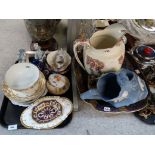 A blue pottery jug, a blossom decorated ewer, tapestry bell pull and assorted other items etc