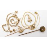 A diamond set stick pin a 14k pearl set swastika pin, Ortak viking longship pendant pearl