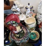 A Shorter and Son toby jug, two Sunderland lustre plates, a Crown Devon musical daisy bell jug,