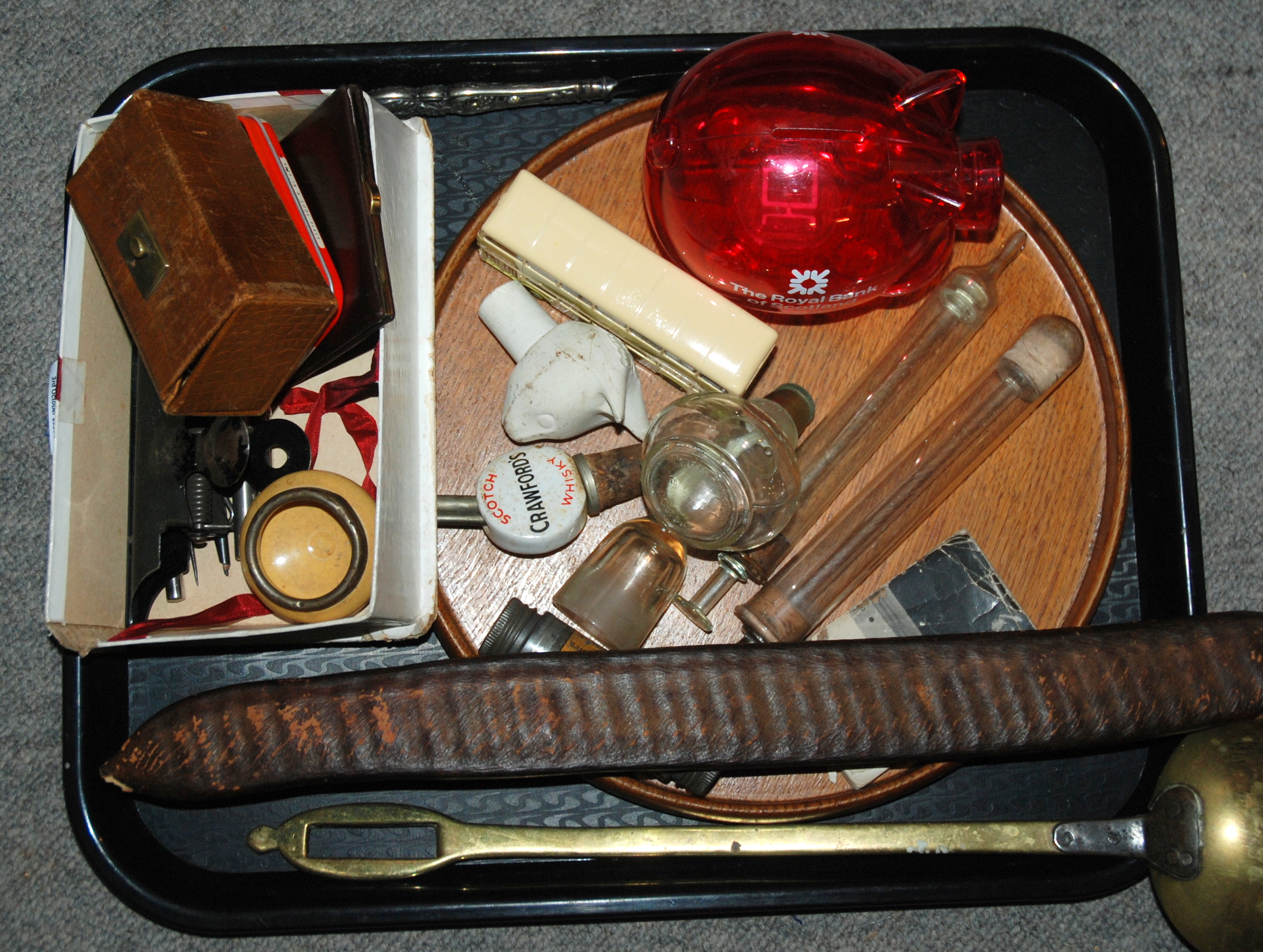 A tray lot including mother of pearl opera glasses, oak circular tray, money bank, seed case etc