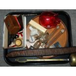 A tray lot including mother of pearl opera glasses, oak circular tray, money bank, seed case etc