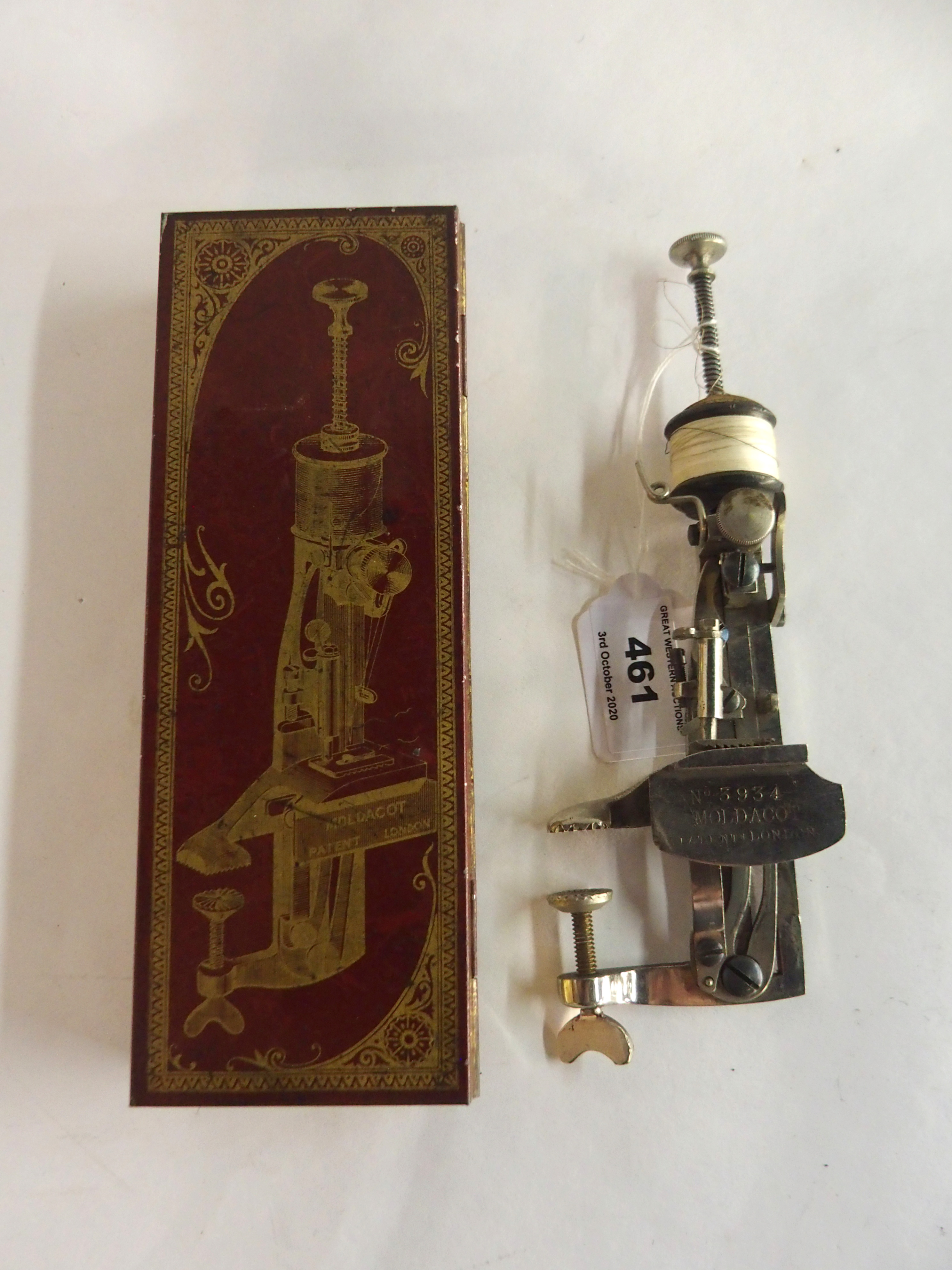 The Moldacot Patent Sewing Machine, No.3934, in original box Condition Report: Available upon