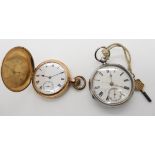 A silver open face pocket watch dated Chester 1894, and a gold plated monogrammed Waltham full