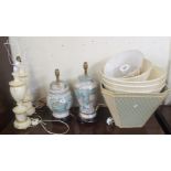 Two oriental style lamps, a pair of table lamps and seven shades (11) Condition Report: Available