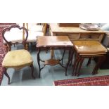 A mahogany inlaid occasional table, a walnut nest of three tables and a balloon back chair (3)