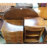 A three drawer walnut serpentine chest of drawers, 64cm high x 47cm , Three small sutherland