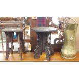 Two carved occasional tables, four table lamps and a brass coal hod (7) Condition Report: