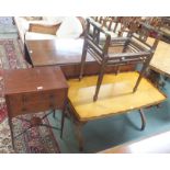A yew wood coffee table, a two drawer mahogany occasional table and a piano stool (def) (3)