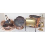Two copper coal hods, bucket, assorted brass and copperware Condition Report: Available upon