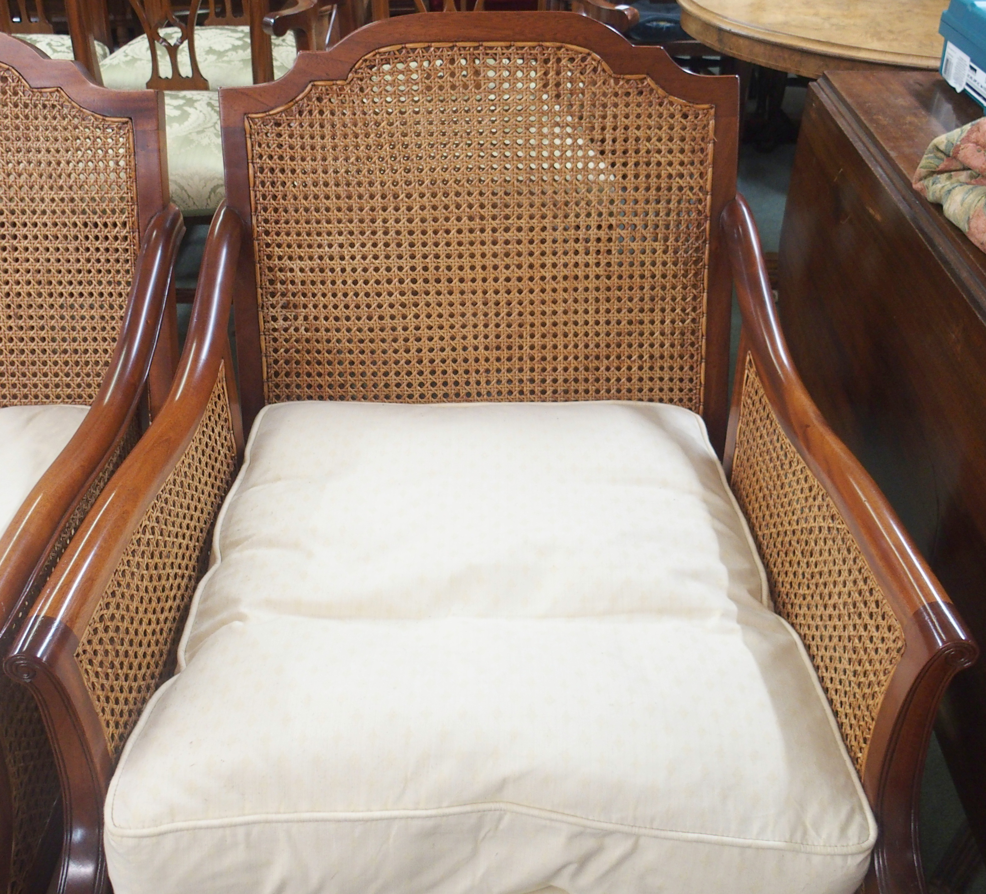 A Brights of Nettlebed reproduction mahogany bergere three piece suite comprising three seater sofa, - Image 3 of 5