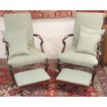 A pair of reproduction mahogany armchairs with footstools and four scatter cushions (8) Condition
