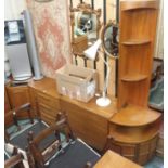 A Nathan teak corner cabinet, Teak corner cabinet with single door, Three drawer chest and a drop