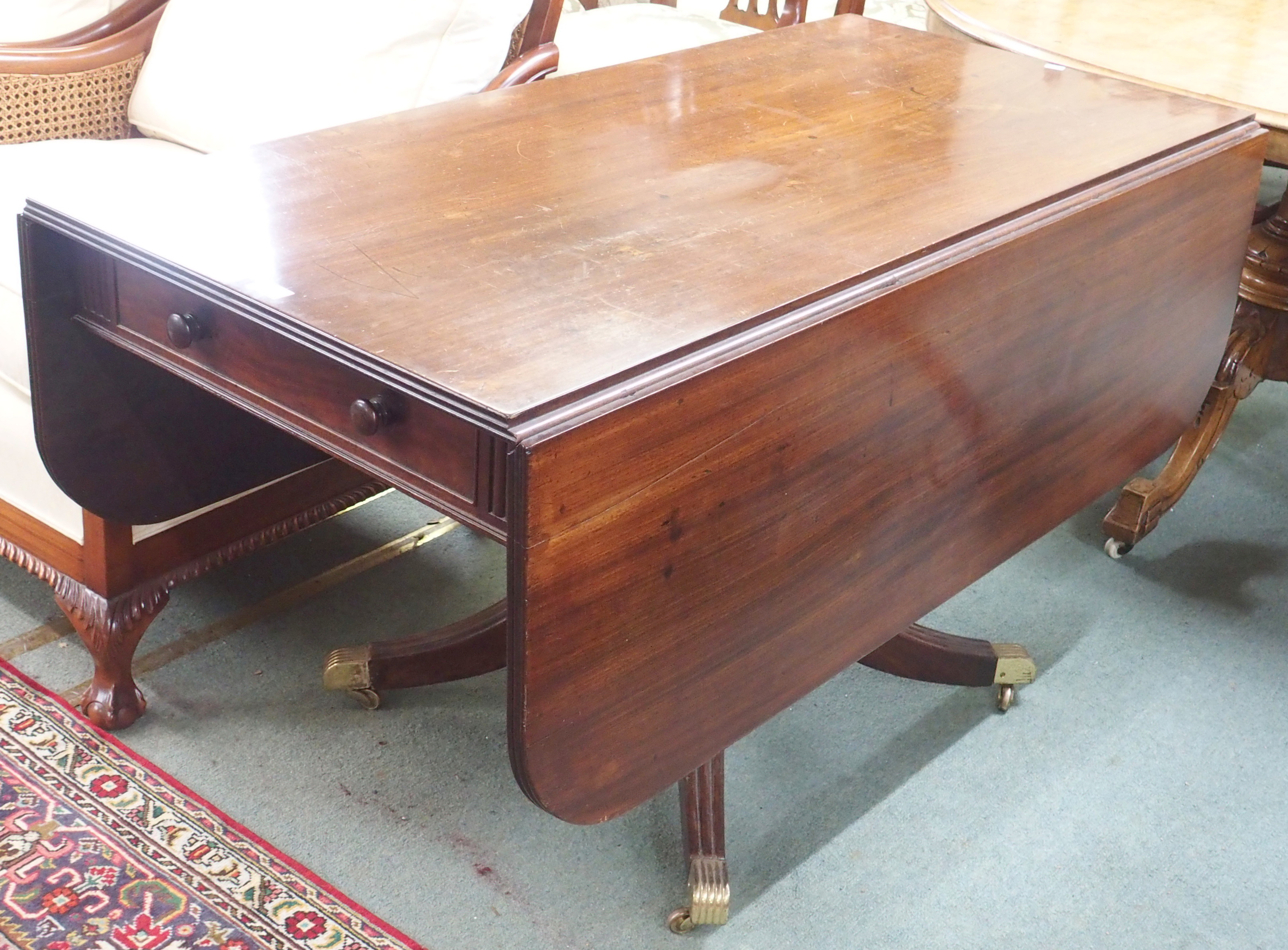 A mahogany drop leaf table with two drawers, 70cm high x 132cm wide x 65cm deep Condition Report: