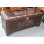 A Chinese camphor wood carved blanket chest, 52cm high x 121cm wide x 52cm deep Condition Report: