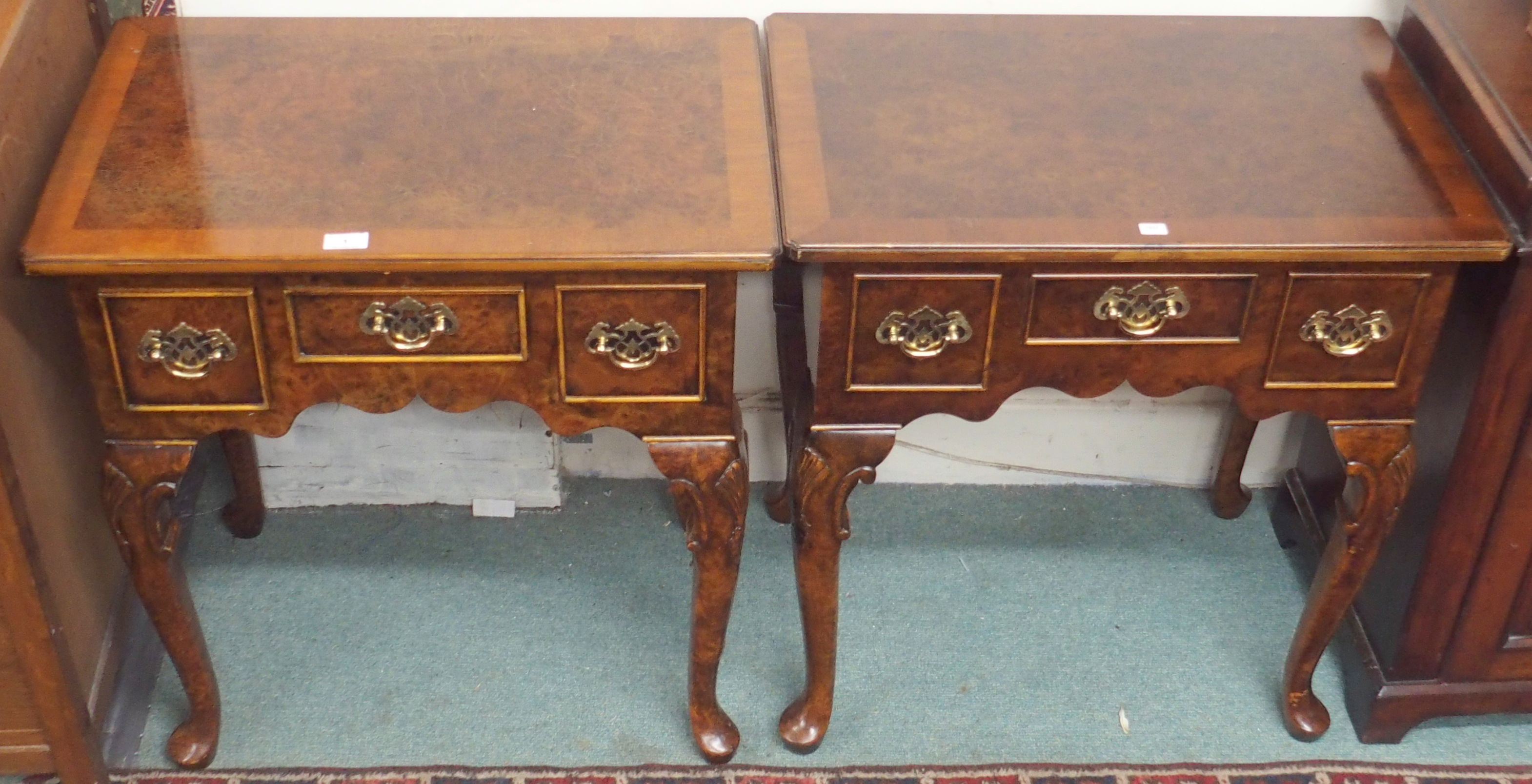 A pair of reproduction low boys with brass handles, 72cm high x 69cm wide (2) Condition Report: