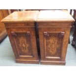 A pair of Victorian walnut cabinets with inlaid door, 80cm high x 43cm wide (2) Condition Report: