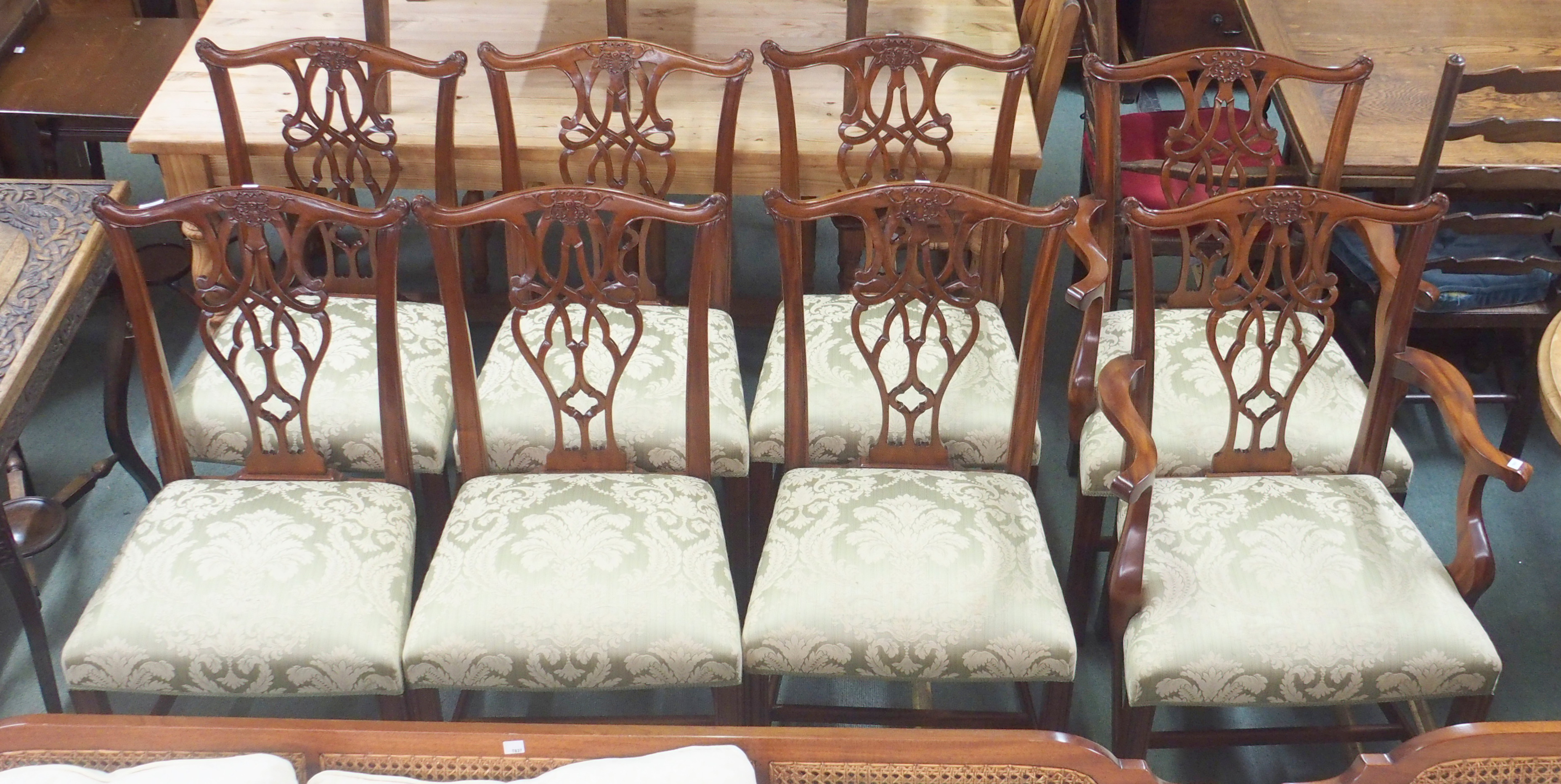 A set of eight Brights of Nettlebed reproduction mahogany Chippendale style dining chairs (two