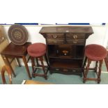 A mahogany side cabinet, pair of bar stools, occasional table and a targe (5) Condition Report: