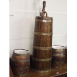 A pair of oak coopered brass bound buckets, an oak coopered brass bound stick stand, stick, umbrella