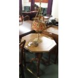 A mahogany window table and a brass table lamp (2) Condition Report: Available upon request