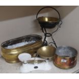 A set of Salter scales and a brass and copper planter etc Condition Report: Available upon request