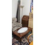 A modern green ground rug, mahogany coffee table and a floor lamp (3) Condition Report: Available