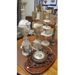 Two alabaster table lamps, clock, tray etc Condition Report: Available upon request