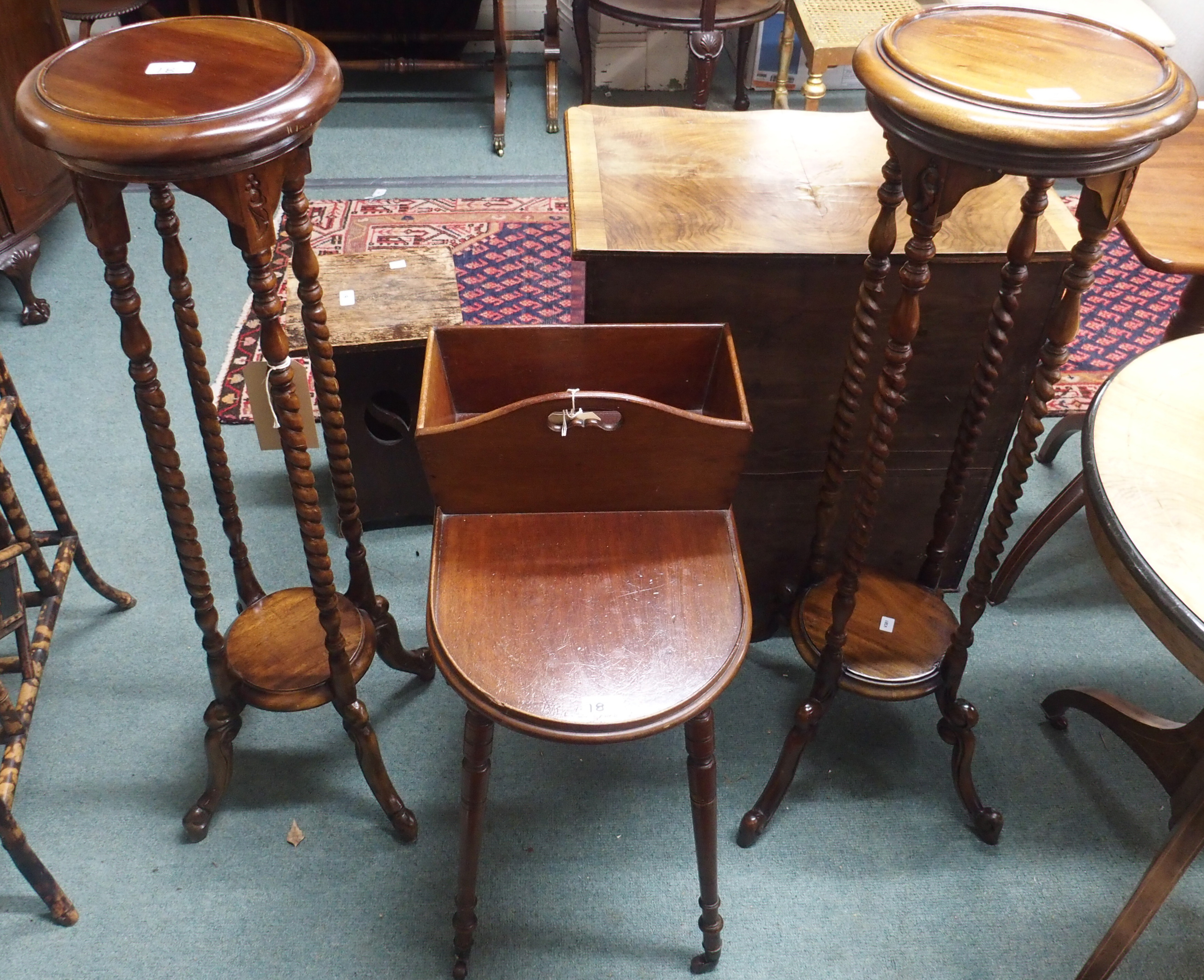 A pair of reproduction plant stands and a mahogany work table (3) Condition Report: Available upon