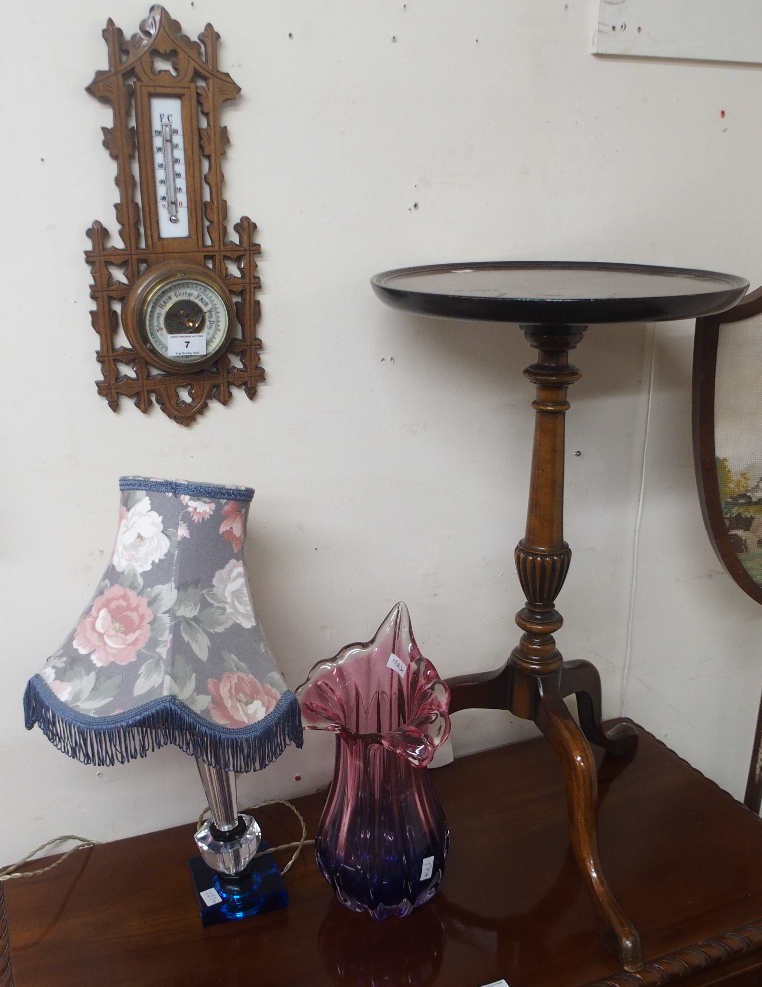 A wine table, barometer, vase and a lamp (4) Condition Report: Available upon request