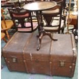A wood bound trunk and a mahogany wine table (2) Condition Report: Available upon request