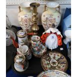 A Royal Doulton figure, a pair of Noritake plates, a pair of Crown Devon vases, eggshell coffee
