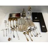 A tray lot of EP - sugar castor, loose and cased cutlery Condition Report: Available upon request