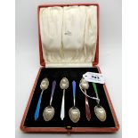 A cased set of six silver and enamel coffee spoons, Birmingham marks Condition Report: Available