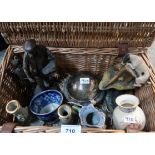 Border Fine Art and Heredities figures, Ironstone jug etc in a Fornum and Mason basket Condition