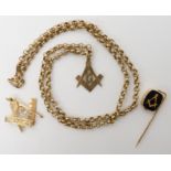 A 9ct gold folding Masonic pendant, a Masonic pendant, chain and stick pin, combined weight 10.