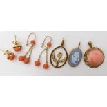 A 9ct Wedgwood pendant, a 9ct coral pendant two pairs of earrings and a 9ct thistle pendant weight