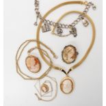 A 9ct gold mounted shell cameo with chain weight combined, a smaller 9ct example 8.5gms, a silver